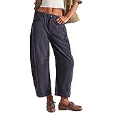 Lviefent Womens Mid Rise Cord Barrel Jeans Casual Baggy Wide Leg Corduroy Cropped Ankle Pants with Pockets