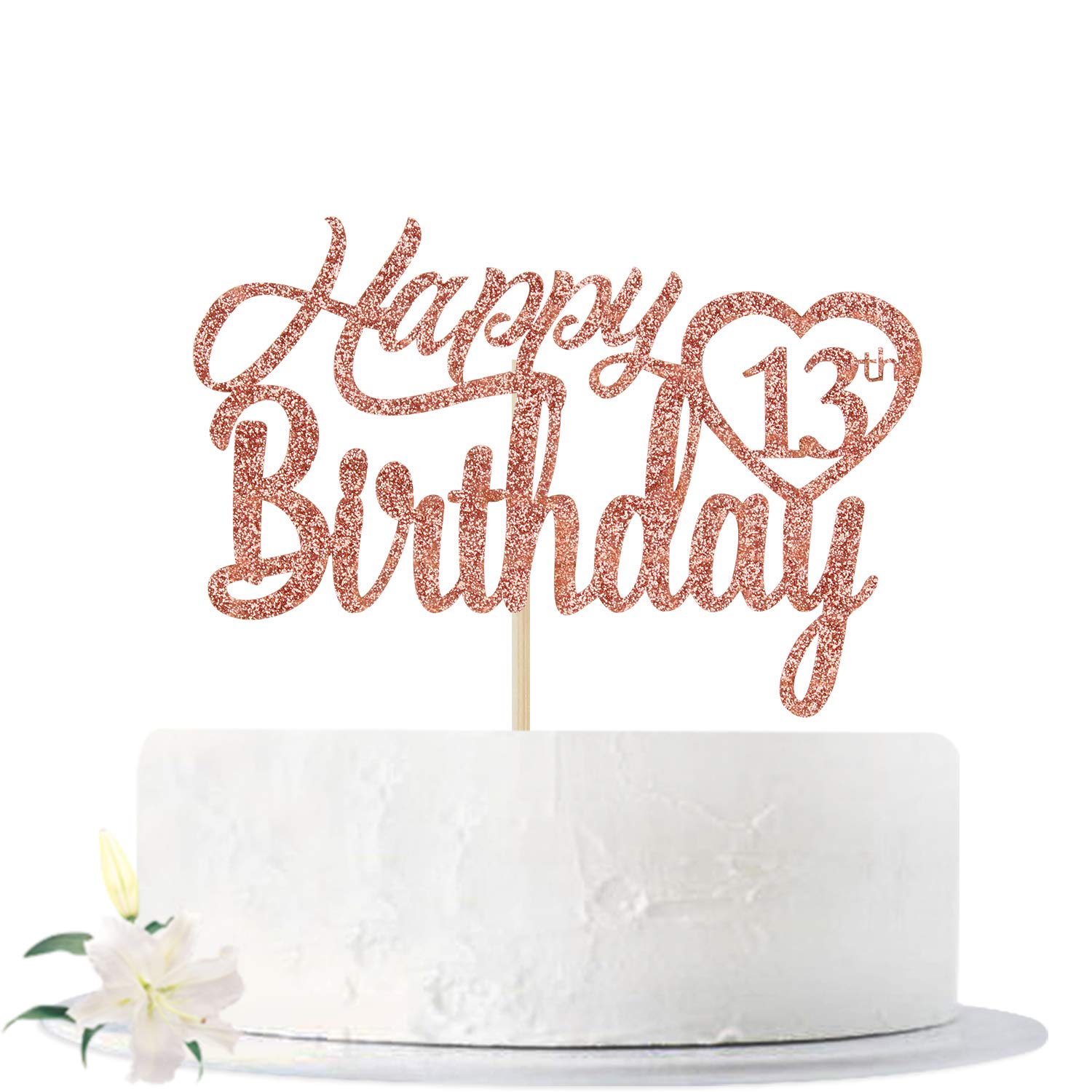 Rose Gold Glitter Happy 13th Birthday Cake Topper, Hello