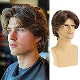 RicHyun Mens Short Brown Wig Synthetic Straight Layered Cosplay Replacement Hair Wig for Male Guy