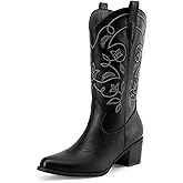 DREAM PAIRS Cowboy Boots for Women Cowgirl Western Boots Fashion Embroidery Stitched Chunky Heel Mid Calf Boots