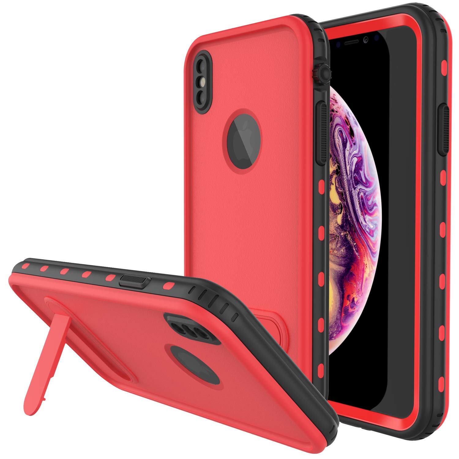 PunkCase iPhone XS Waterproof Case [KickStud Series] Slim Fit IP68 Certified [Shockproof] [Snowproof] Armor Cover W/Built-In Screen Protector + Kickstand Compatible With Apple iPhone XS [Red]