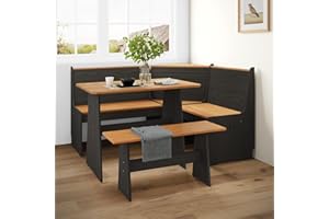 Cesgyfut Small Breakfast Nook, Breakfast Nook Table Set with Bench, Solid Wood Corner Dining Set for Small Space, Black and Oak