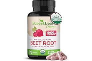 ForestLeaf USDA Organic Beet Root Capsules - Beetroot Supplement 16000 mg Strength 20:1 Extract w/Ginger Grape Seed - Support Blood Pressure, Nitric Oxide, Flow, Circulation - Made in USA - 120 Caps