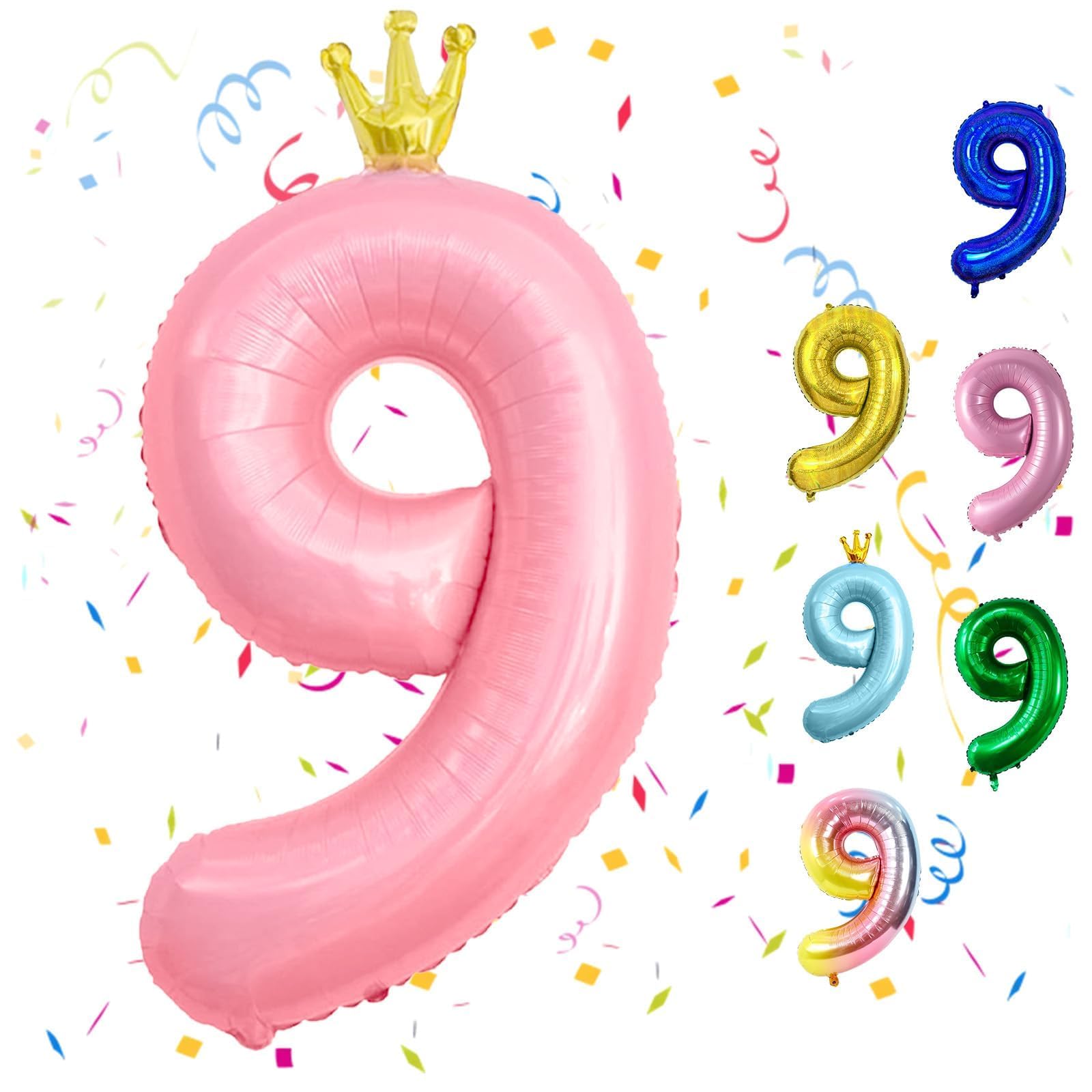 Photo 1 of Crown Pink 9 Balloons - 9th Birthday Decorations, 40inch Large Pastel Pink Foil Balloons for Kids Party