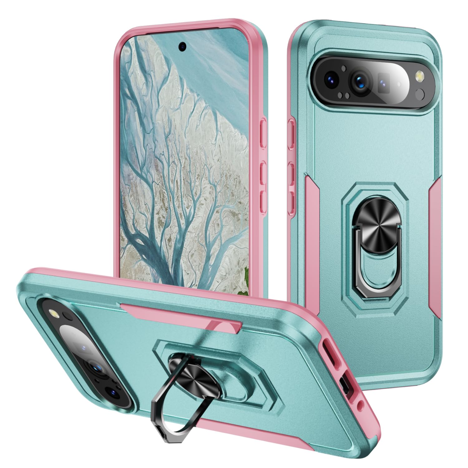 Huzhide Google Pixel 9 Pro XL Case with Ring Holder Kickstand, Military Grade Cover [Hard PC Back] Magnetic Heavy Duty Tough Armour Shockproof Phone Case for Pixel 9 Pro XL 5G 6.8", Green & Pink