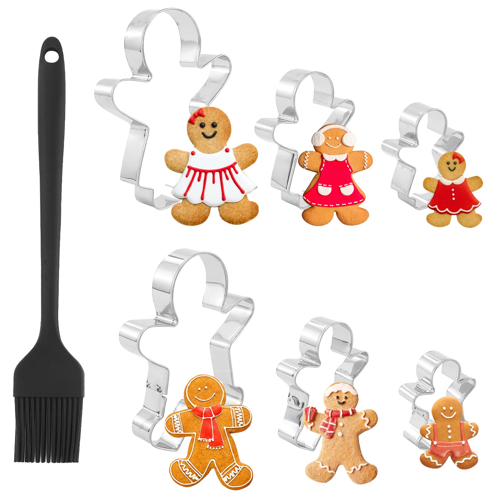 6 Pieces Cookie Cutters,Gingerbread Man Cutters,Pastry Cutters for Baking,Gingerbread Man Cutters Set Stainless Steel Boy and Girl Biscuit Cutter Shapes with 1Pcs Grill Brush for Baking Cake Pastry