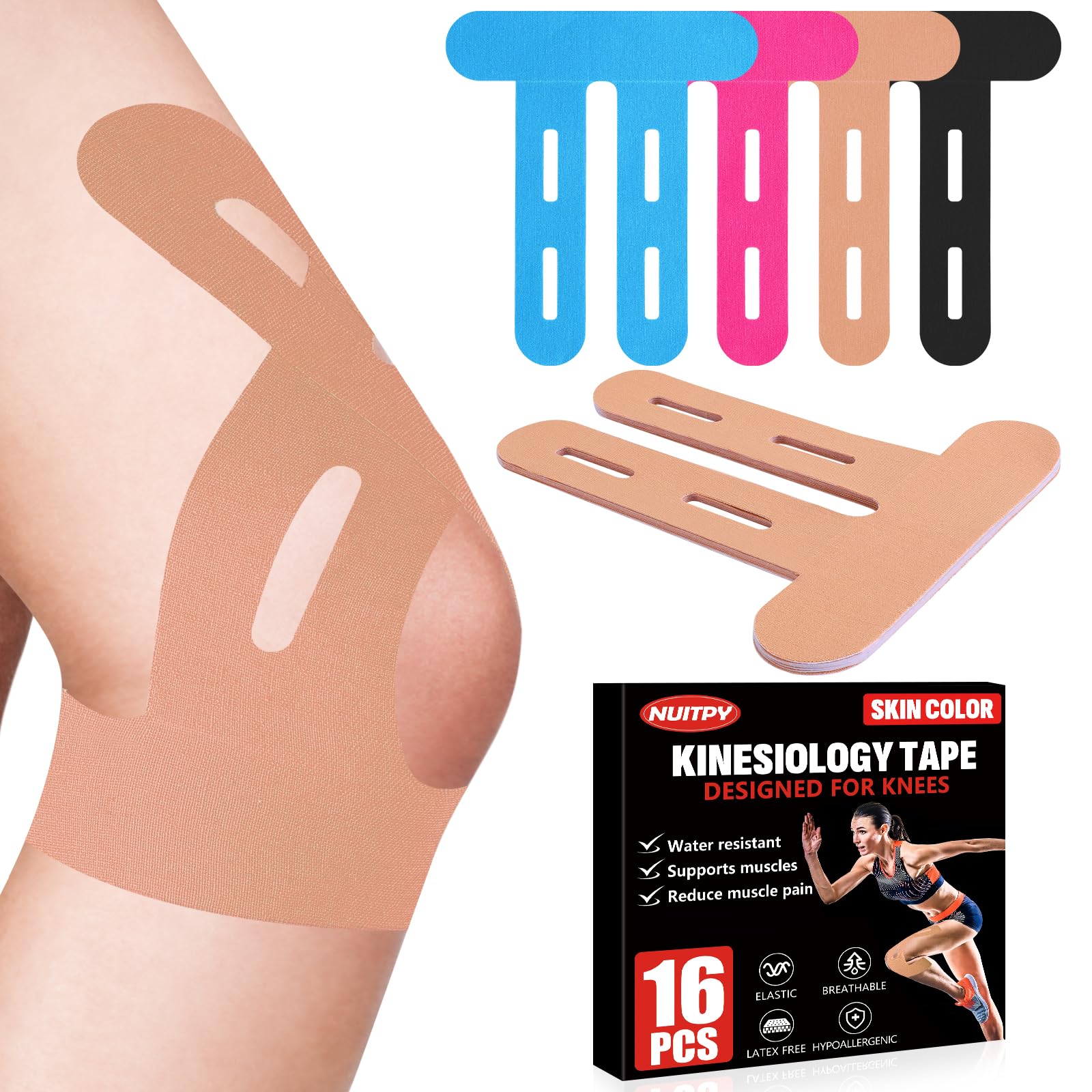Photo 1 of 16 PCS Kinesiology Tape for Knees, Knee Support Tape, Precut Knee Tape for Knee Stability, Athletic Tape, Kinetic Tape for Knee - Skin Color