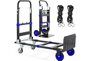 COOCHEER 3-in-1 Folding Hand Trucks, 600Lbs Convertible Hand Truck Dolly, Heavy Duty Convertible Dolly with Retractable Handle and 4 Rubber Wheels, Collapsible Cart for Moving Office/Home/Warehous(Blue)