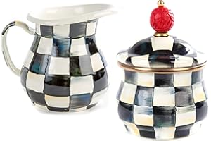 MACKENZIE-CHILDS Enamel Creamer and Sugar-Bowl Set, Cream Dispenser and Sugar Holder, Unique Kitchen Decor, Black-and-White Courtly Check