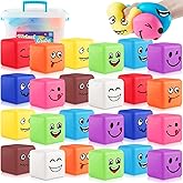 Slow Rising Stress Cube 24 Pack, Square Cube Fidget Ice Cube Stress Balls, Dough Stress Balls Soft Fidget Squishy Toys for Anxiety Relief, Pull Stretch Squishy Toy, Classroom Prize (Smile 24PACK)