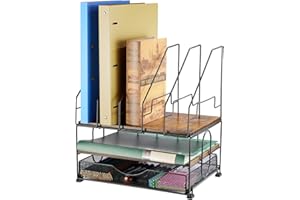HOYRR Desk Organizers, File Organizer For Desk, Wood Desk Organizer, Desktop File Organizer With Drawer, With 5 Upright File Holder Sorters, For Office Supplies Folder Organizer