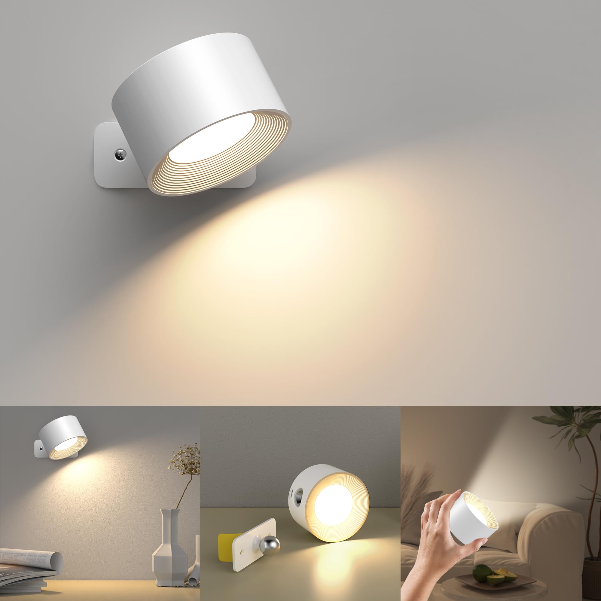 Mexllex Rechargeable Wall Light Indoor, 3 Brightness Levels 3 Colour Modes Bedside Lamp, 360° Rotatable Touch Control Wall Lamps for Bedroom Living Room Hallway Wireless Sitck on Lights, White