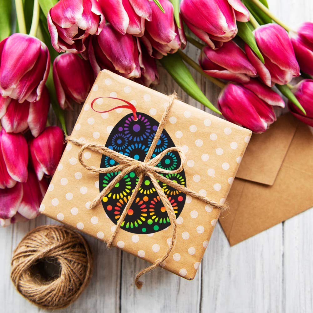 Koogel Osterei Kratzbilder, 36 Stück Kratzpapier Bastelset Kinder mit Holzstäbchen und Buntem Band für Ostern Geburtstag Party Dekoration DIY Handwerk