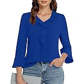 Funlingo Womens 3/4 Length Sleeve Tops V Neck Dressy Casual Blouses Tunic Trendy Business Office Ruffle Work Shirts