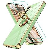 Gritup for Samsung Galaxy S24 Case: with 2Pcs Screen Protector, 360° Rotation Ring Holder Magnetic Kickstand Plating Gold Edge Soft TPU Shockproof Protective Cover for S24, Pea Green