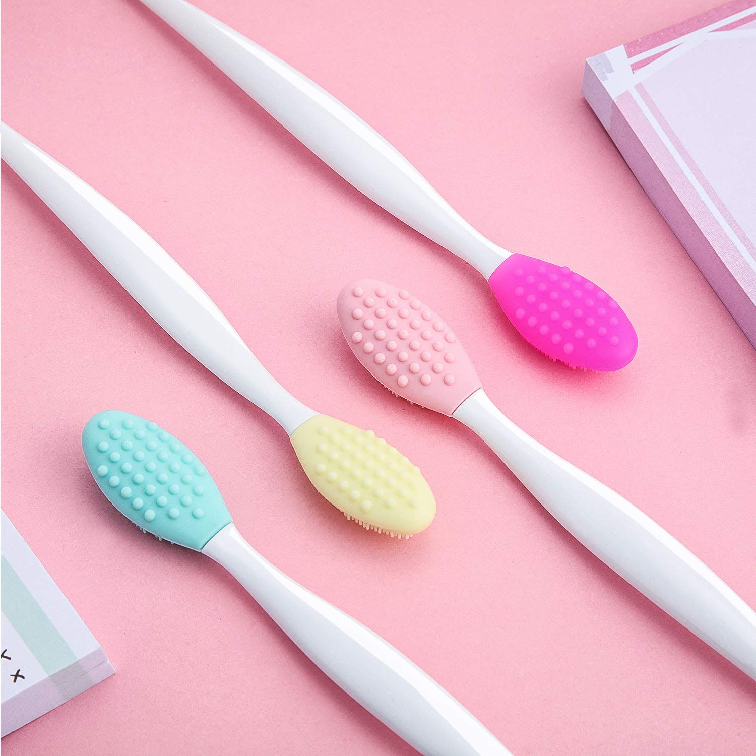 4 Pieces Silicone Exfoliating Lip Brush Tool Double-sided Soft Lip Brush for Smoother and Fuller Lip Appearance (Rose Red, Yellow, Mint Green, Pink): Beauty