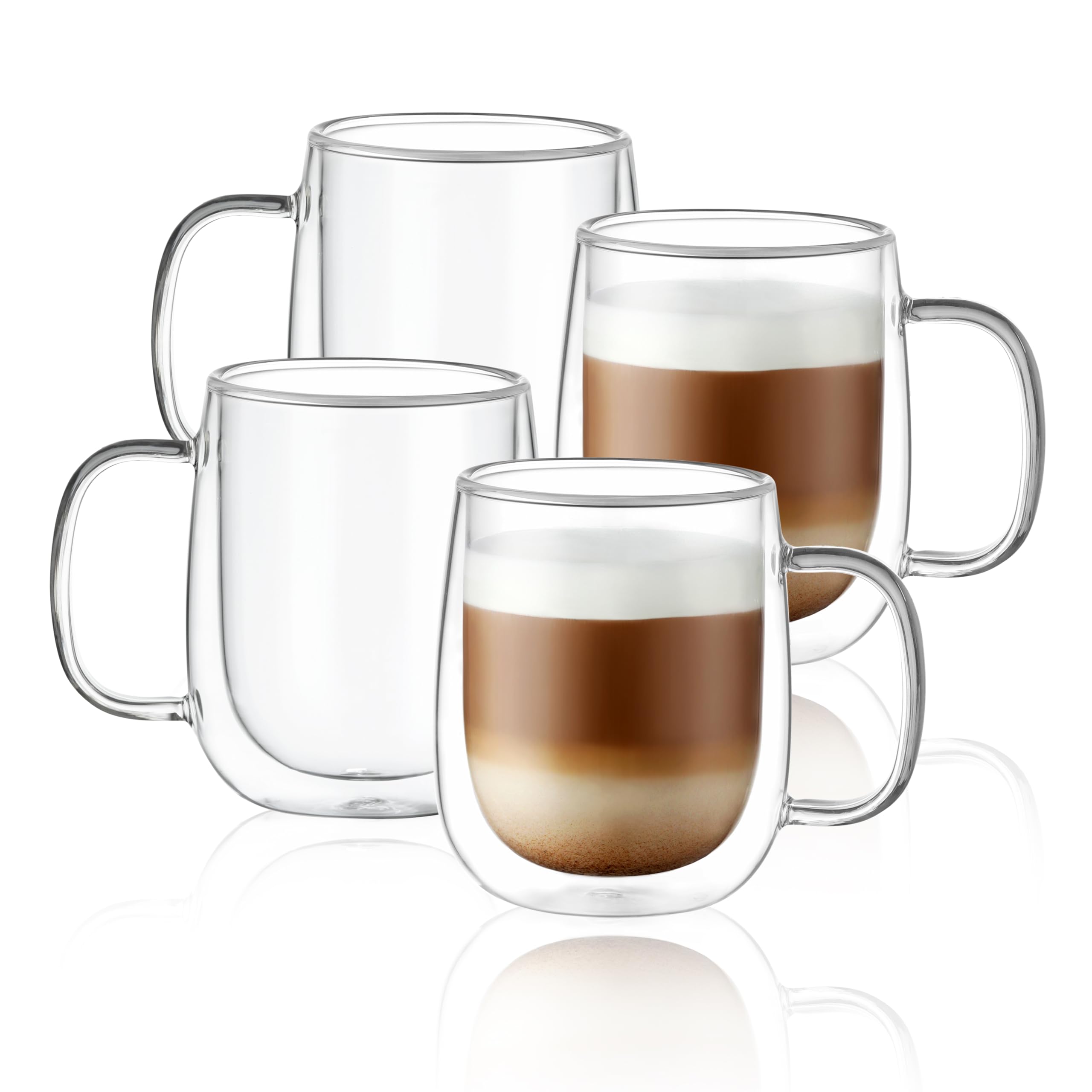 CNGLASS Glass Coffee Mugs 12oz(355ml),Double Wall Insulated Mug Set with Handle,Clear Glass Espresso Mugs for Latte,Cappuccino,Tea Bag,Hot and Cold Beverages,Set of 4