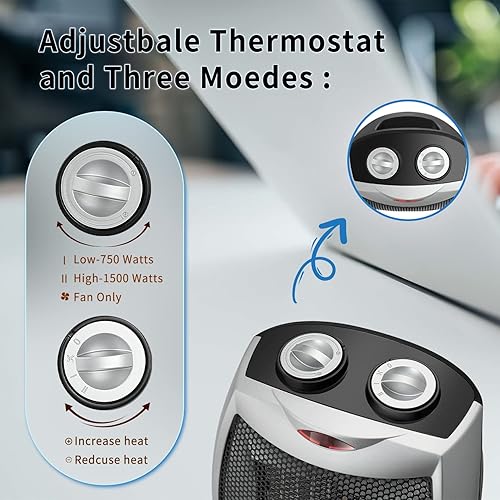 Kismile Small Space Heater Electric Portable Heater Fan for Home and Office  Ceramic Fan Heaters with Adjustabl