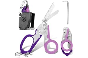 PATWING 6 In 1 Emergency Shears, Stainless Steel Foldable Trauma Shears with Strap Cutter and Glass Breaker, Outdoor Camping Tools (Purple)