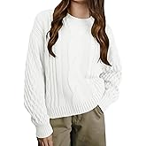 EGOCKAL Girls Cable Knit Sweaters Crewneck Lantern Long Sleeve Drop Shoulder Warm Jumpers for Kids Size 5-14Y