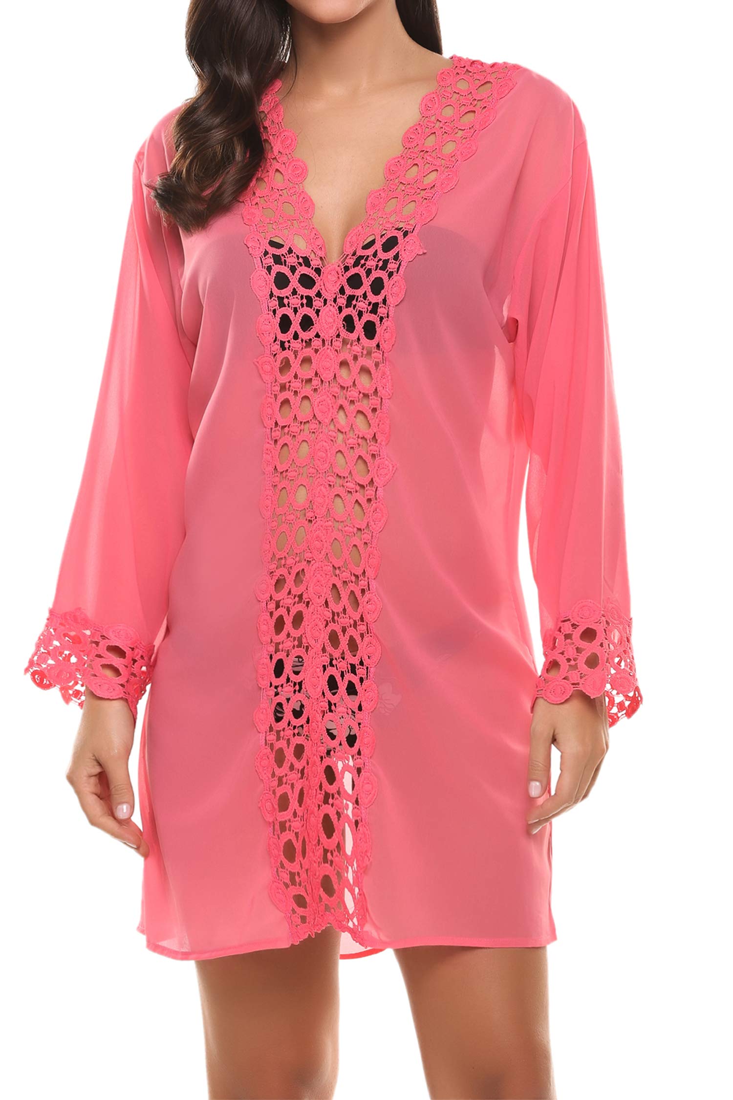 wearella Women\'s Bathing Suits Cover-Ups Chiffon Blouse Beachwear Bikini Swimsuit Pink