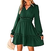 BerryGo Womens Long Sleeve Mini Dress Casual Ruffle Fashion V Neck High Waist A Line Flowy Boho Short Fall Dresses