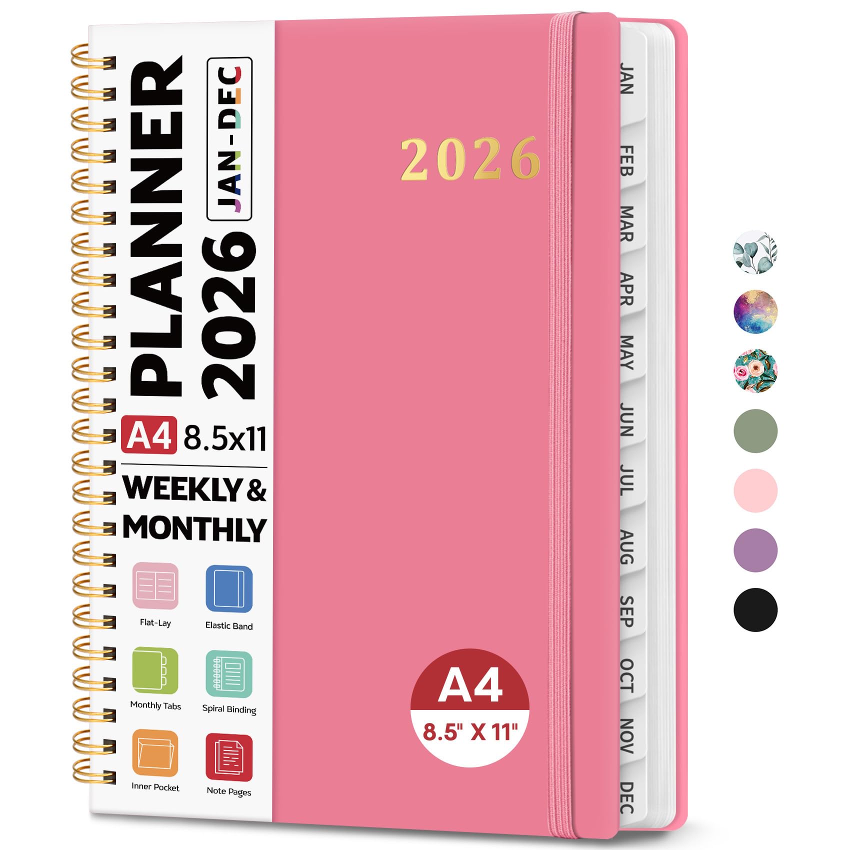 Photo 1 of 2026 Planner 8.5" x 11", Weekly and Monthly Calendar Planner Book, January 2026 - December 2026, Hardcover Spiral Planner with Monthly Tabs, Notes Pages, Perfect for Women & Men, A4 - Rose Red
