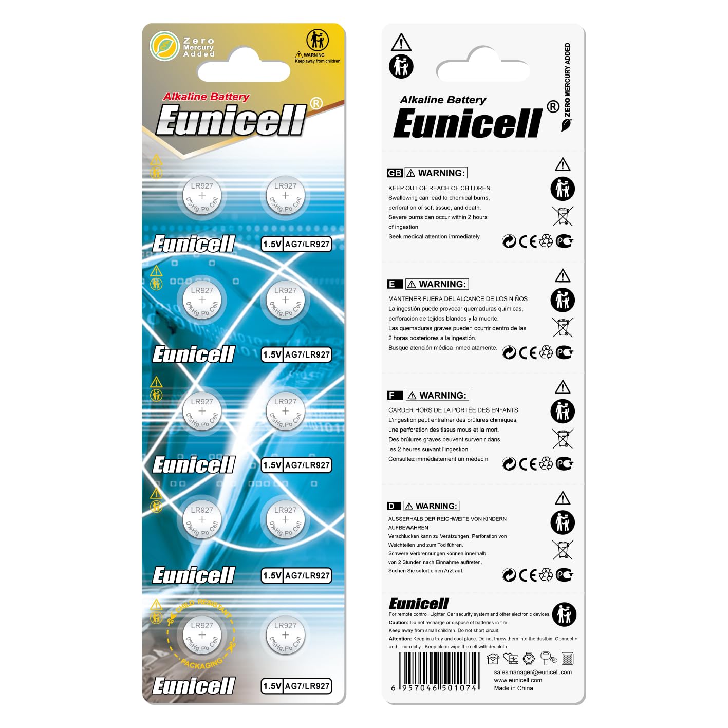10 x Eunicell AG7 Alkaline Button Cell Batteries - G7 LR57 LR57SW LR926 LR926SW SR926W L926E LR927 LR927SW 395 399