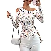 Floerns Women's Floral Cut Out Off The Shoulder T Shirts Tie Side Long Sleeve Tee Tops