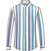 Men's Plaid Striped Button Down Shirts Spring Fall Cotton Long Sleeve Oxford Dress Shirts with Pocket
