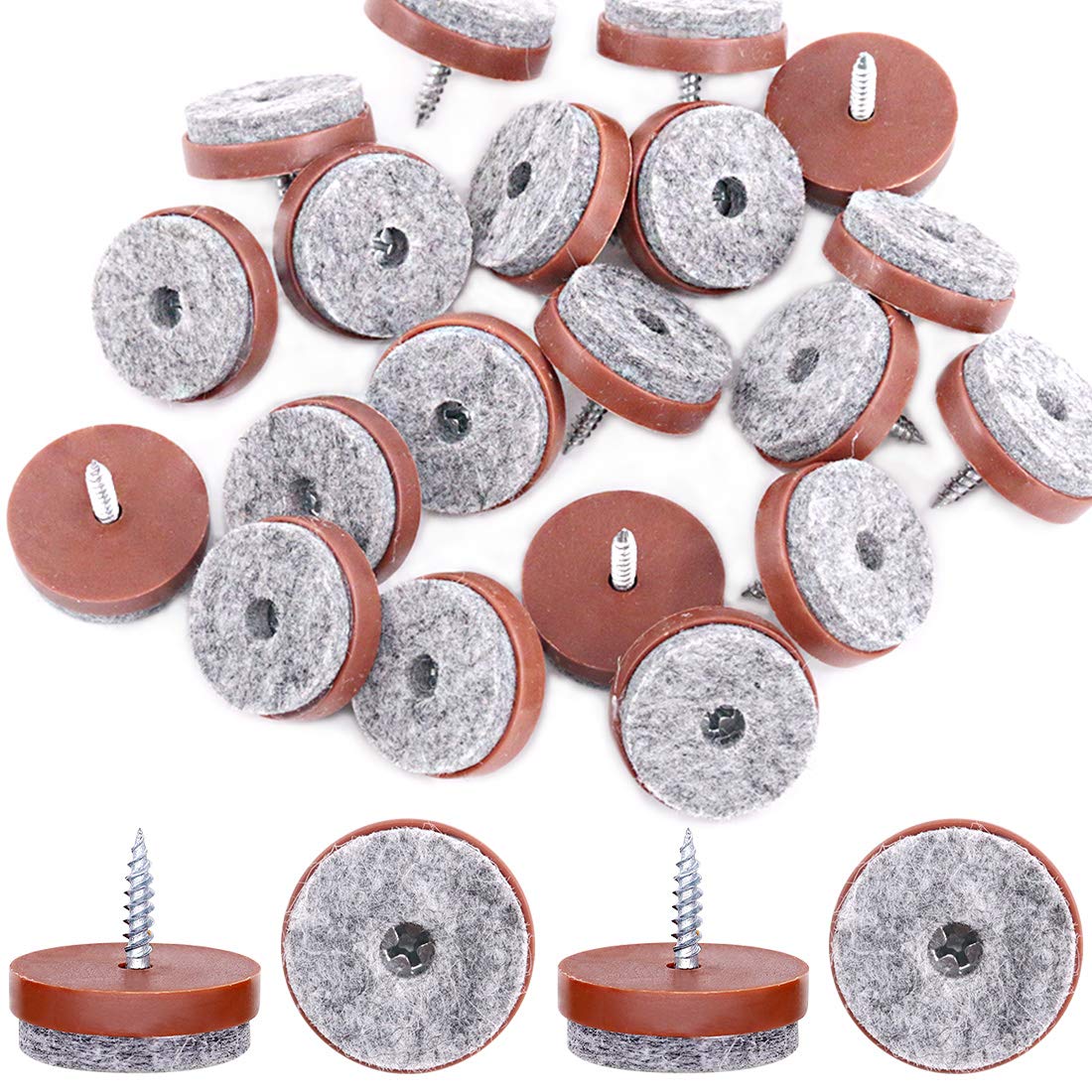 Glarks 52Pcs 28mm Brown Screw-on Furniture Antiskid Felt Pad Slider Floor Protector for Wooden Leg Feet of Chair Table Sofa Stool (52Pcs 28MM)