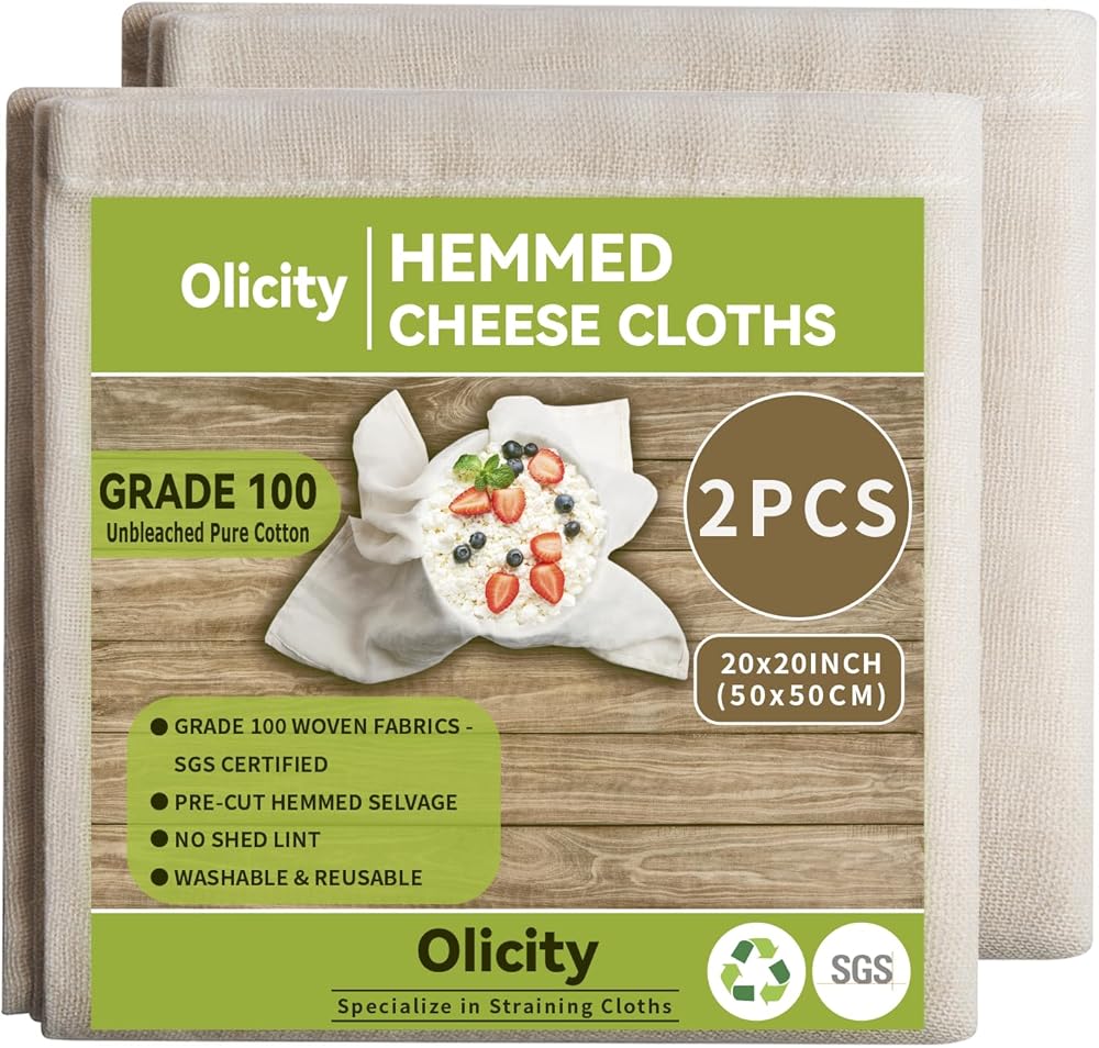Olicity Cheesecloth, Grade 100, 20x20Inch Hemmed Cheese Clothes for Straining Reusable, 100% Unbleached Cheese Cloth Muslin C