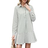 EZAPINE Womens Striped Shirt Mini Dress Long Sleeve Collared Ruffle Hem Button Up Tunic Flowy Swing Dresses
