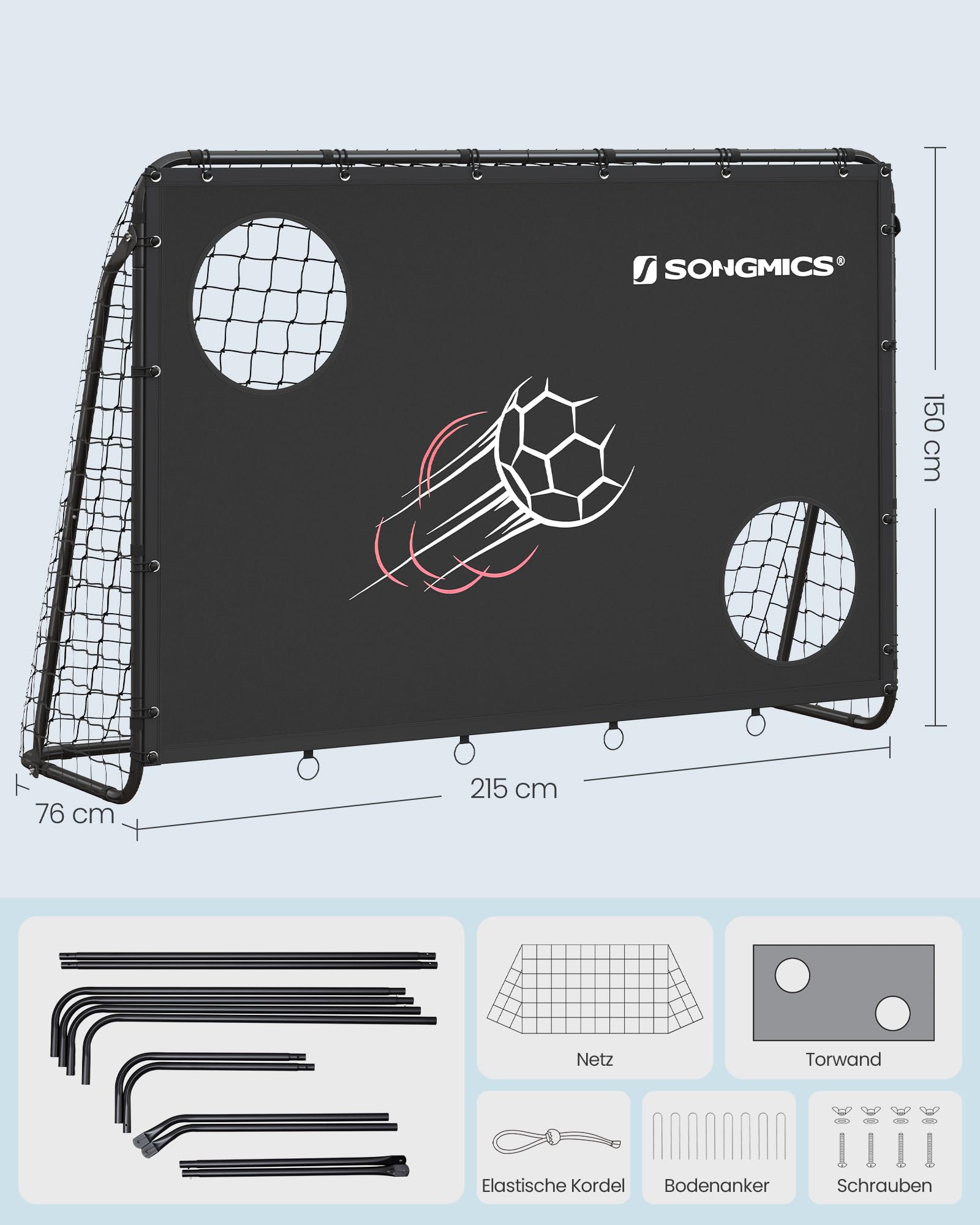 SONGMICS Fußballtor, mit Torwand, für alle Altersgruppen, Stahlrohre, PE-Netz, Outdoor, Garten, Strand, ‎215 x 76 x 150 cm, 2 Zielöffnungen mit Zählfunktion, schwarz SZQ215B02 5