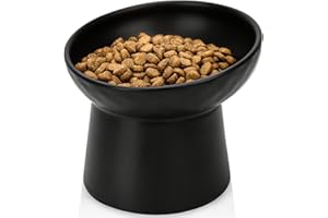 YauYik Raised Cat Bowl Black, Elevated Cat Food Bowls with Tilted Angle, Stress Free, Anti Vomiting, Ceramic Water Bowl for Cats Small Dogs Feeding Dish, 8 Ounces