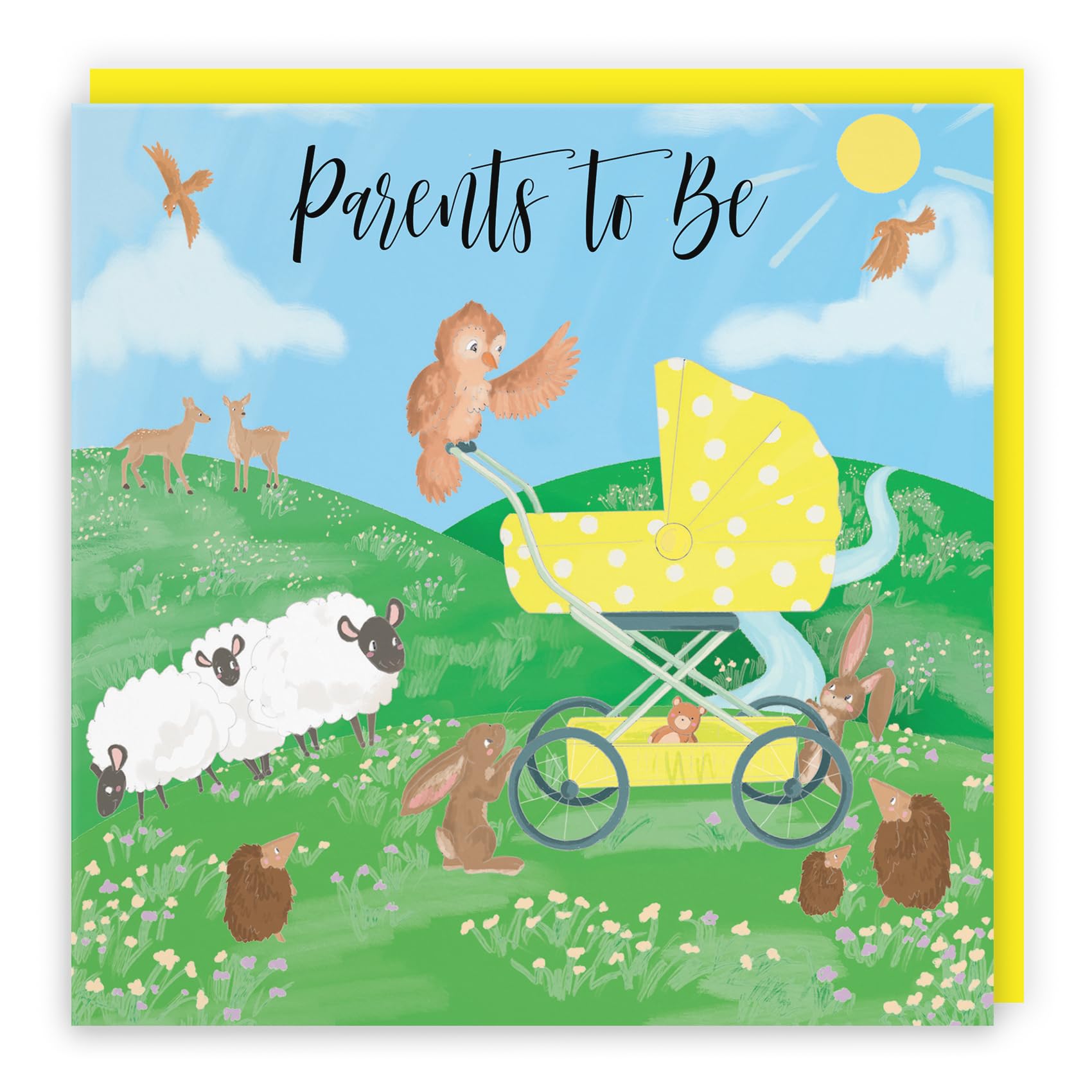 Hunts England - Parents To Be Congratulations Expecting New Baby Card - Baby Shower - Parents To Be - Boy - Girl - Yellow Pram - Countryside Collection