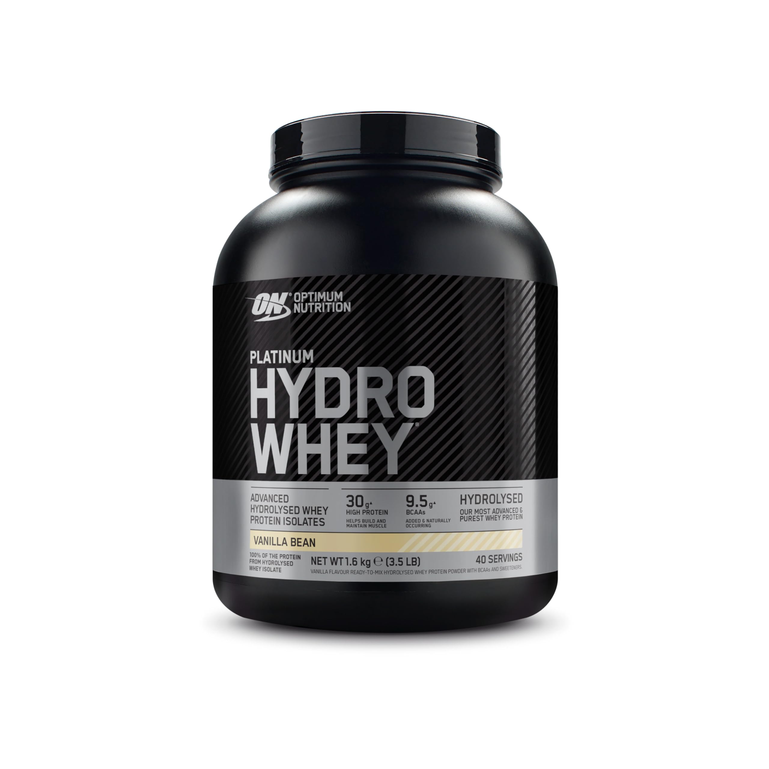Optimum Nutrition Platinum Hydro Whey, Hydrolysed Whey Protein Isolate Powder with Essential Amino Acids, Glutamine and BCAA, Vanilla Bean Flavour, 40 Servings, 1.6 kg