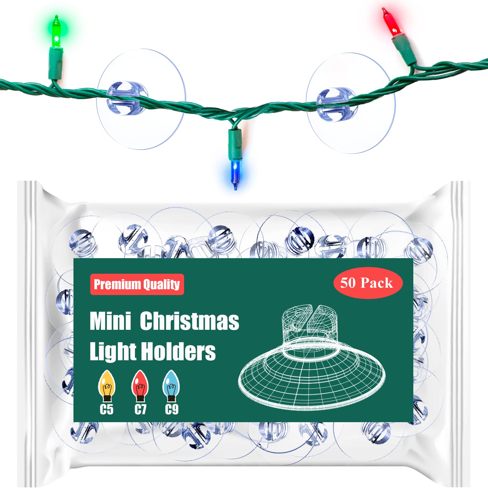 Miuezuth Christmas Suction Cups, Mini Holiday Light Hooks Holders, Clear Rope Light Caddy Window Glass Suction Cup Clips Hang Seasonal Decorations & Xmas Ornaments (50 Pcs)