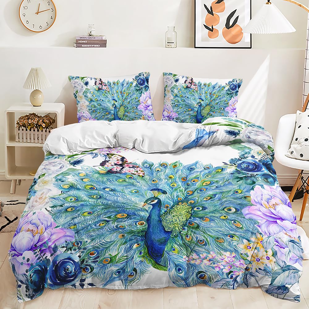 HAVOP Peacock Duvet Cover Set Single Size 3D Bedding Set Spread Tail Peacock With Flowers Print Comforter Cover Kids And Adults Bedroom Decor