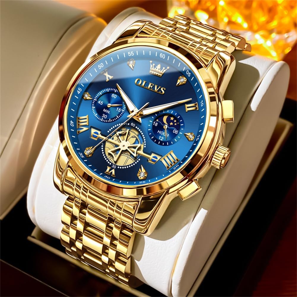OLEVS Men Silver Watches,Men's Stainless Steel Chronograph Watch,Man Analog Quartz Big Face Male Watches Luxury Waterproof Roman Numeral Dress Diamond Relojes para Hombre