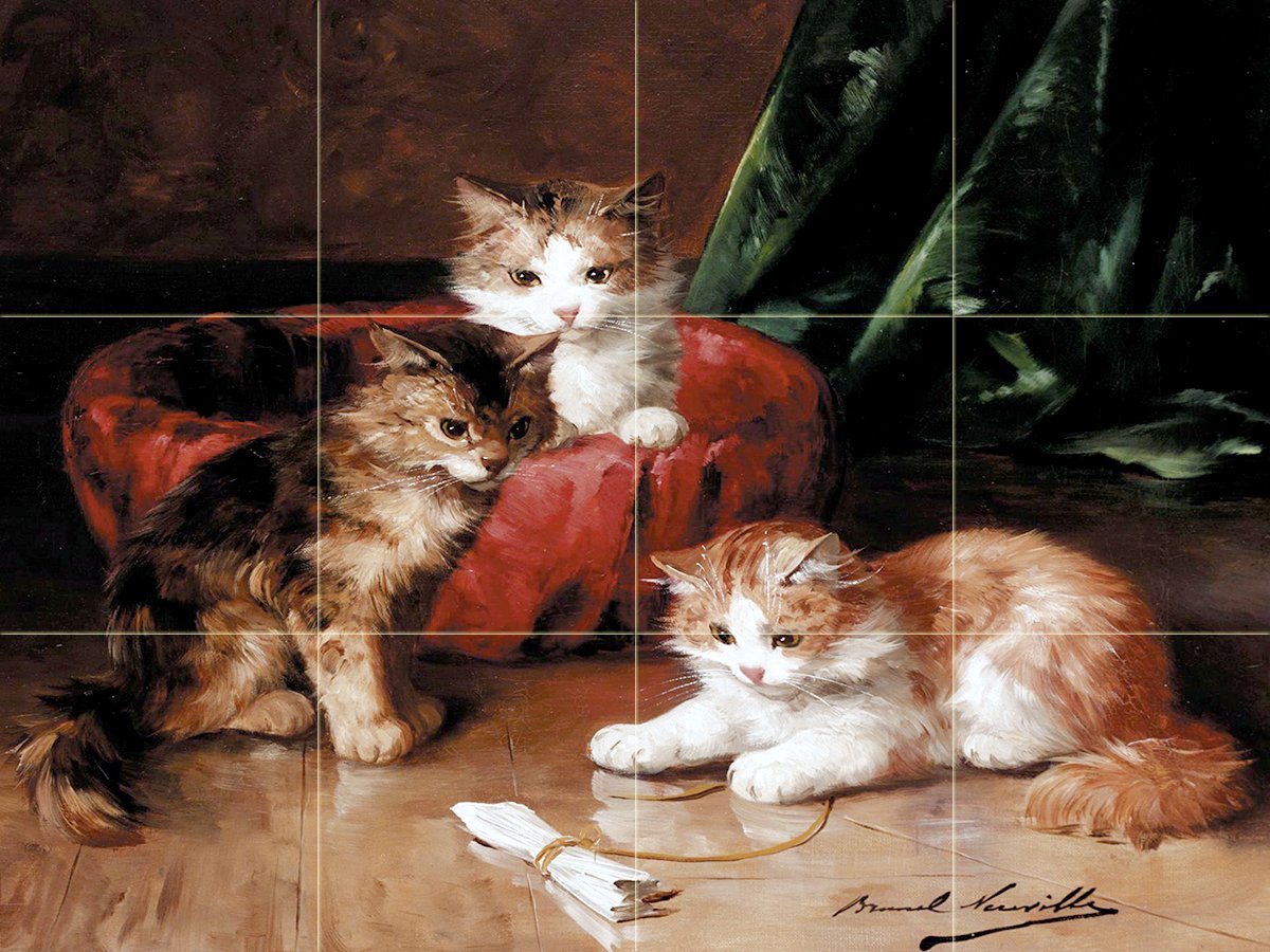THREE YOUNG KITTENS A. Brunel cat Tile Mural Wall Backsplash Art Marble Ceramic