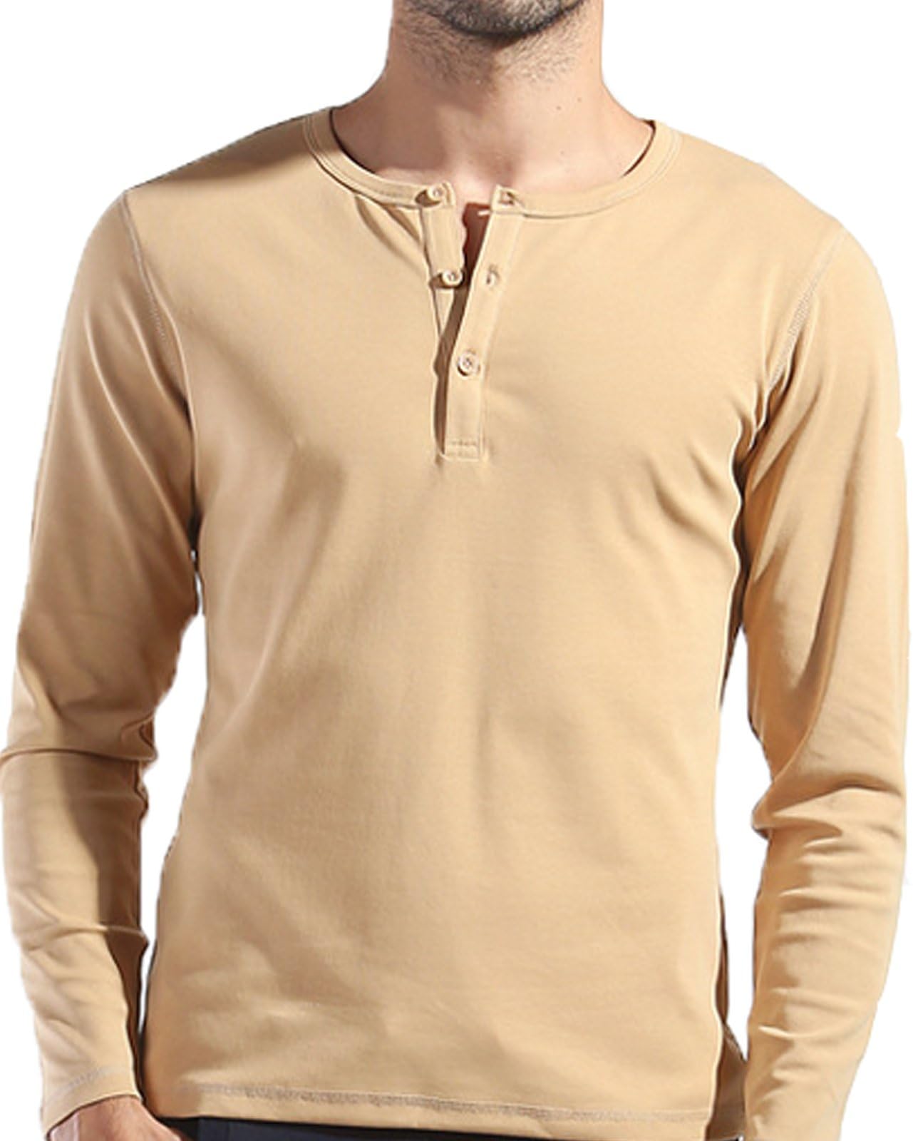 OCCOO Men's Lightweight Long Sleeve Henley shirt (M, Khaki)