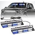 PKINGLAKE 2 in 1 LED Emergency Dash Strobe Light Bar Front/Rear Windshield Safety Flashing Warning Hazard Interior Lights for Police Firefighter Construction Vehicles Trucks (2x14 inch, Blue/White)