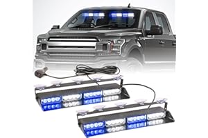 PKINGLAKE 2 in 1 LED Emergency Dash Strobe Light Bar Front/Rear Windshield Safety Flashing Warning Hazard Interior Lights for Police Firefighter Construction Vehicles Trucks (2x14 inch, Blue/White)