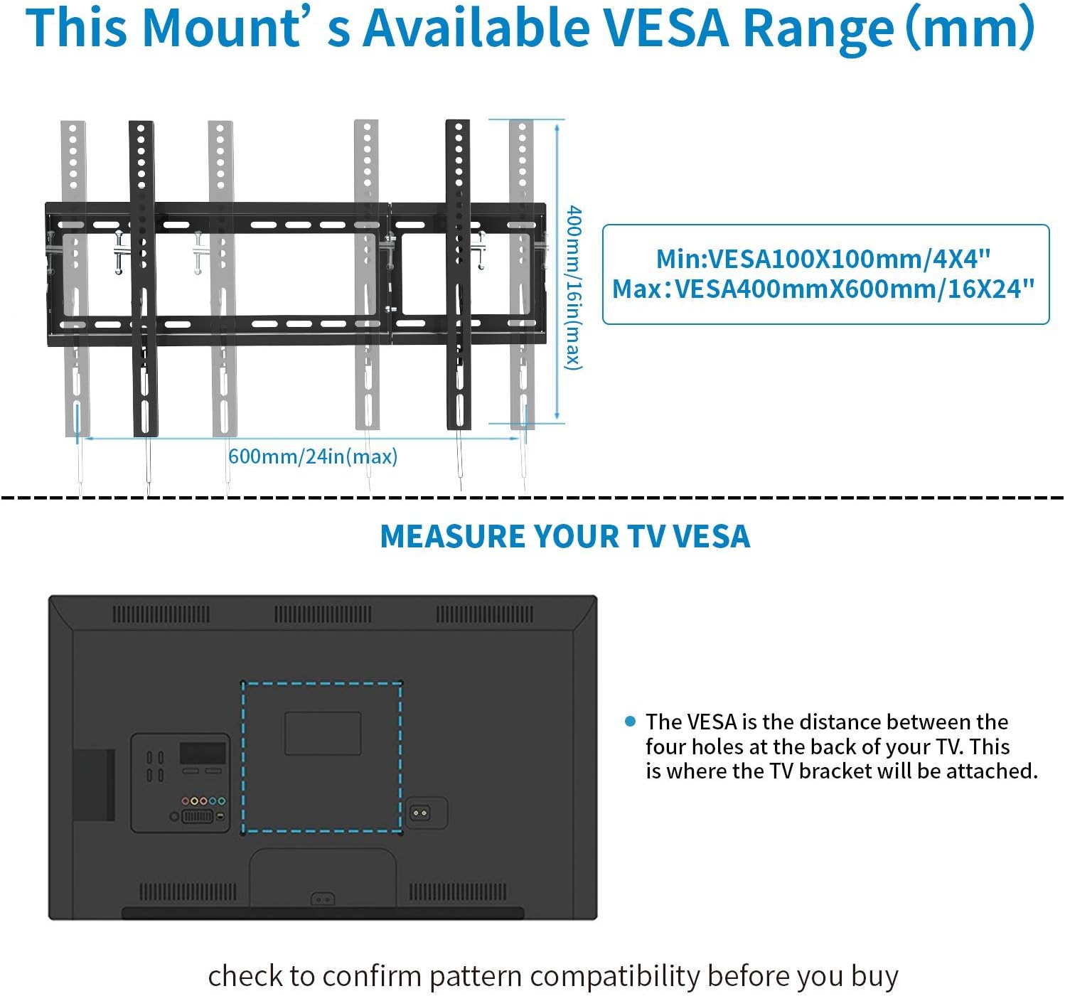 Everstone Adjustable Tilt TV Wall Mount Bracket for Most 32-80 Inch LED,LCD,OLED,Plasma Flat Screen,Curved TVs,Low Profile,Up To VESA 600x400 and 165 LBS,Includes HDMI Cable and Level,Fits 16",18",24": Electronics