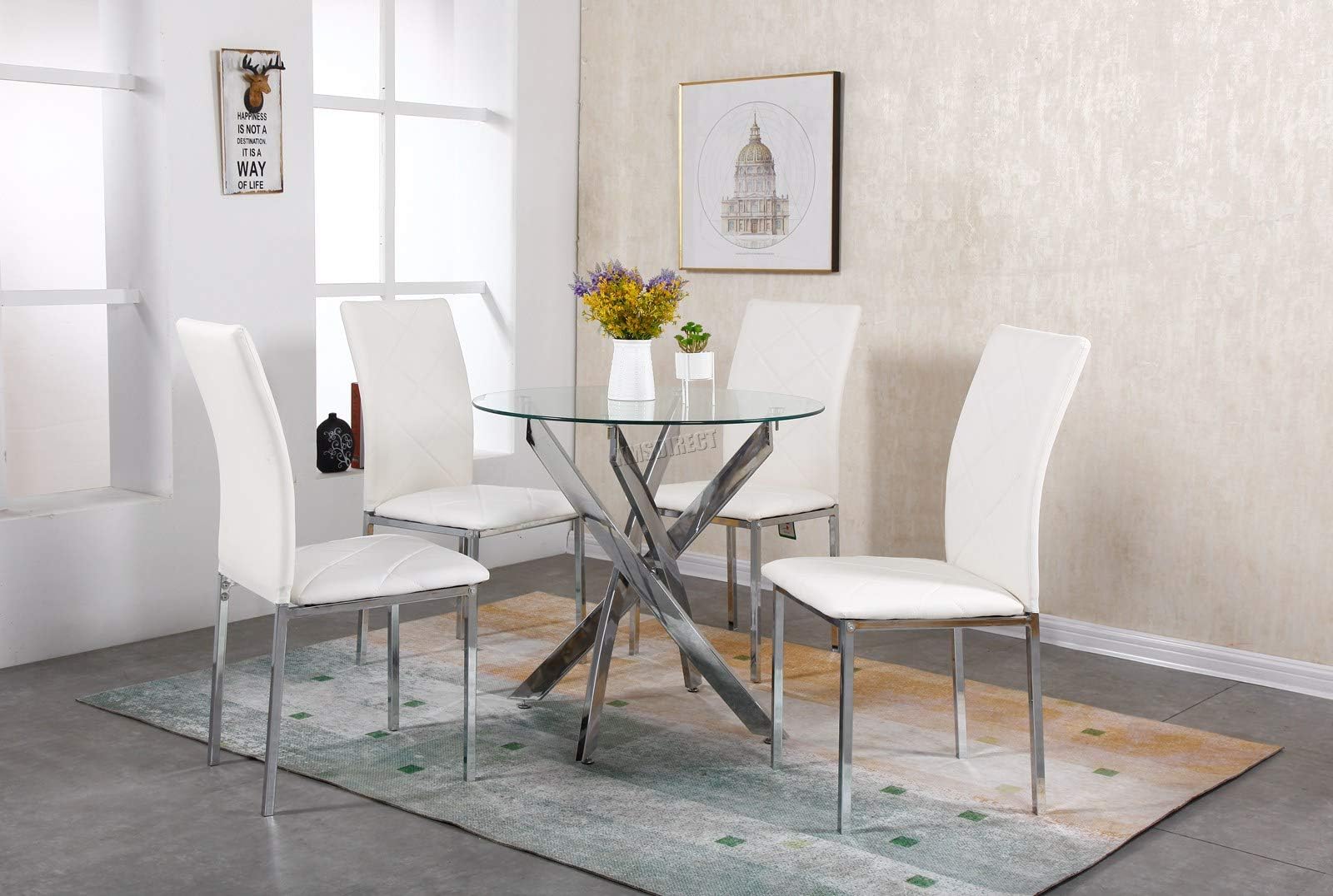 WestWood Quality Glass Round Dining Table and 4 Chairs Set Faux Leather Chrome Legs Kitchen Furniture DS12 White