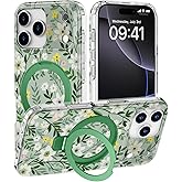DEENAKIN for iPhone 17 Pro Max Case - Wireless Charging Compatible - Integrated Multi-Functional Kickstand - Protective Phone Case with Trendy Cute Designs for Women - Floral Greenery