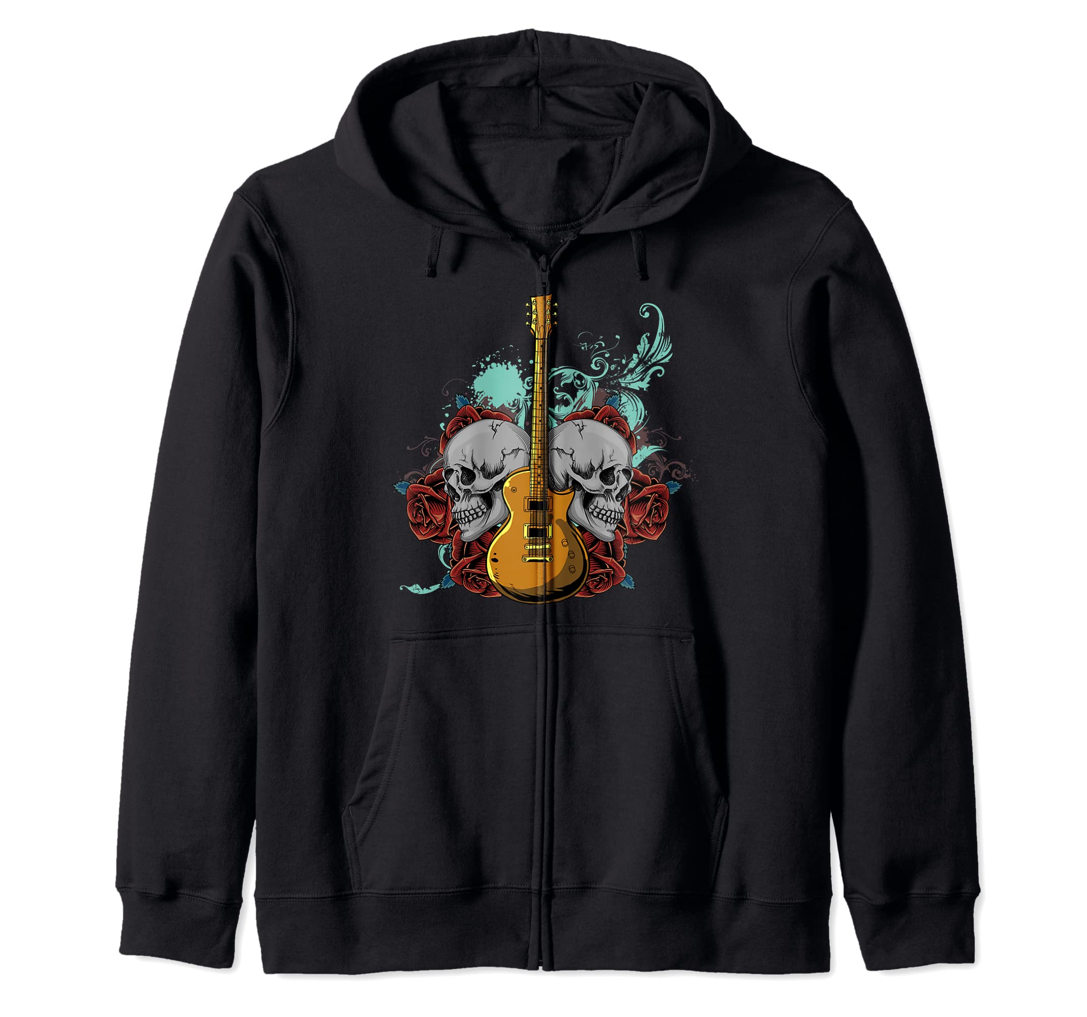 Electric Guitar Skull Red Roses - E-Guitar Rock Guitarist Zip Hoodie