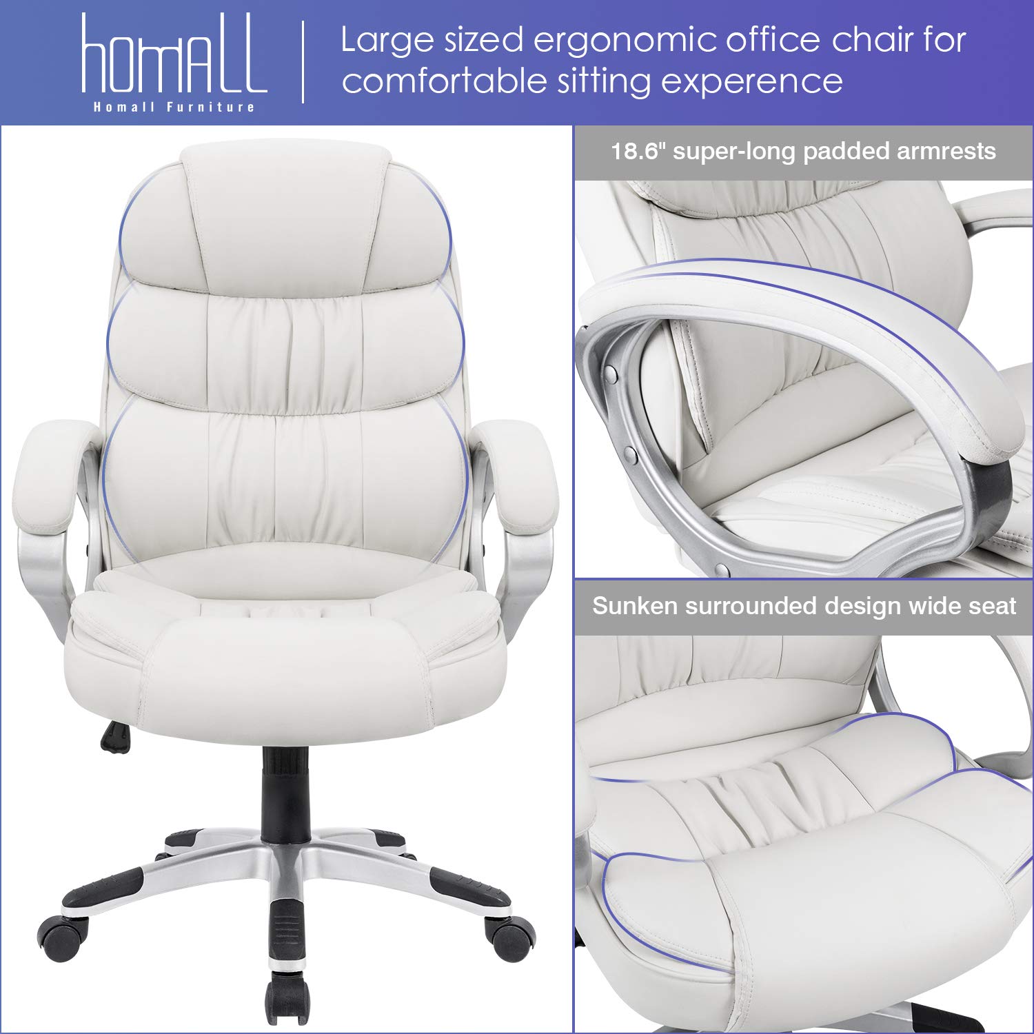 Homall Office Chair High Back Computer Desk Chair, PU Leather Adjustable Chair Ergonomic Boss Executive Management Swivel Task Chair with Padded Armrests (White)