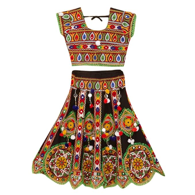 Banjara By Hopscotch Girls 100% Cotton Kutchi Embroidered Chaniya Choli in Black Color